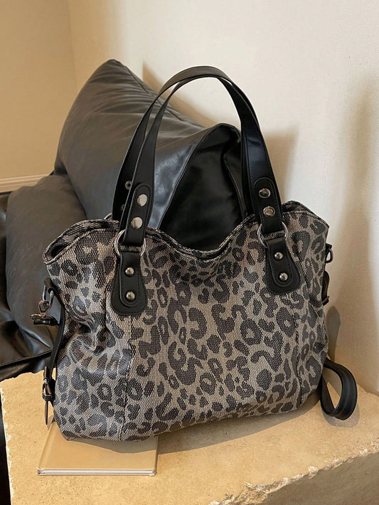 Leopard Design Print Retro Style Tote Bag: Big Capacity Korean Crossbody Bag