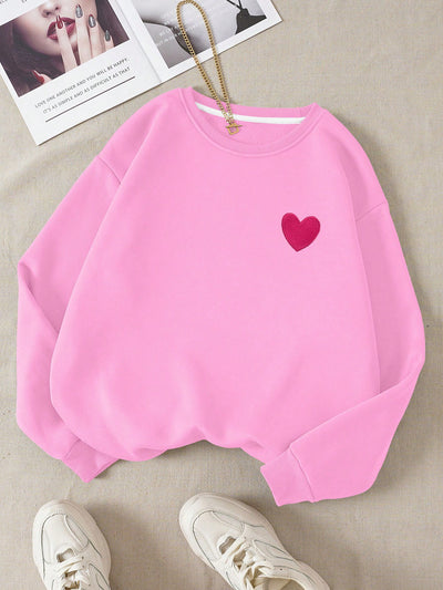 Sweetheart Sweater: Cozy up with Heart Print Casual Long Sleeve Drop Shoulder Sweatshirt