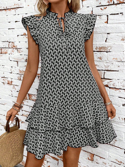 Geometric Summer Chic: Women's Tie Collar Ruffle Hem Dress