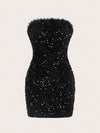 Dazzling Confidence: Fuzzy Trim Sequin Tube Dopamine Bodycon Dress