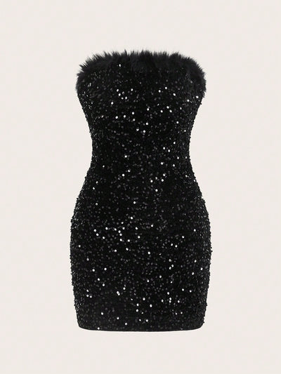 Dazzling Confidence: Fuzzy Trim Sequin Tube Dopamine Bodycon Dress