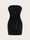 Dazzling Confidence: Fuzzy Trim Sequin Tube Dopamine Bodycon Dress