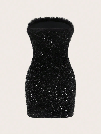 Dazzling Confidence: Fuzzy Trim Sequin Tube Dopamine Bodycon Dress