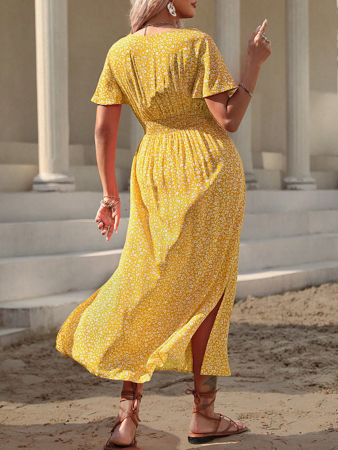 Unleash your inner fashionista with our Women's Summer Holiday dress! Featuring a ditsy floral print, overlapping V-neck, ruffle short sleeves, and a flowy maxi silhouette, this dress is the perfect choice for any summer occasion. Plus size availability ensures a comfortable and flattering fit for every body type. Get ready to turn heads and make a statement with this unique and playful outfit!