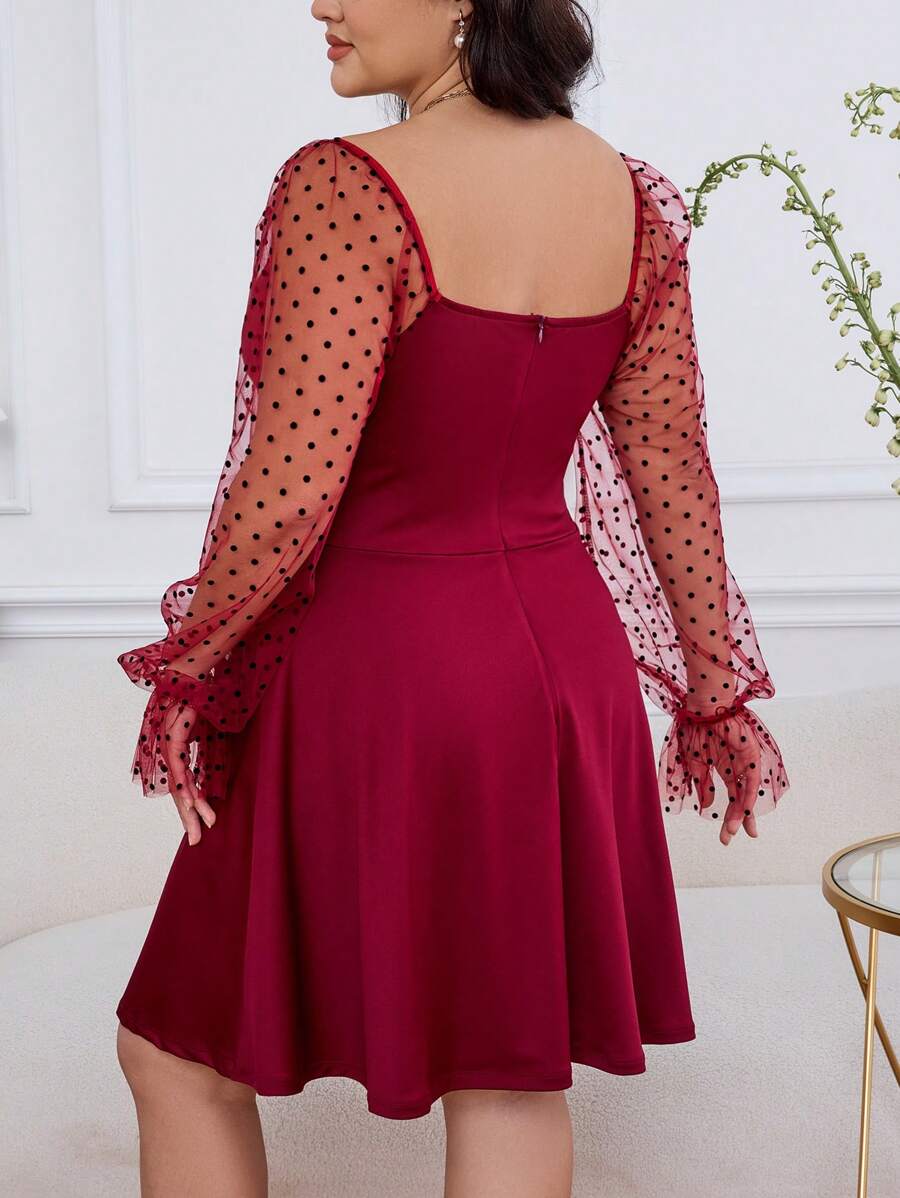 Elevate your wardrobe with this stunning plus-size dress that effortlessly blends sophistication with fun! The contrast dobby mesh fabric creates visual interest while the flounce sleeves add a playful, feminine touch that catches every eye. Perfect for date nights, brunch outings, or whenever you want to feel fabulous and confident. The thoughtful design flatters your curves while keeping you comfortable all day long. This is the dress that makes you feel like the best version of yourself—chic, bold, and a