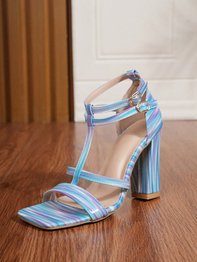 Colorful Cross Strap Chunky High Heel Sandals: Stand Out in Style!
