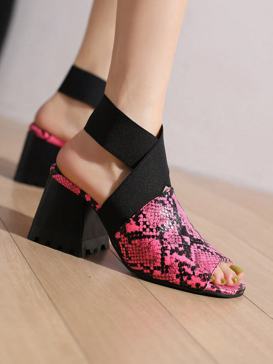 Stylish Snake Patterned Peep Toe High Heeled Sandals in Pink