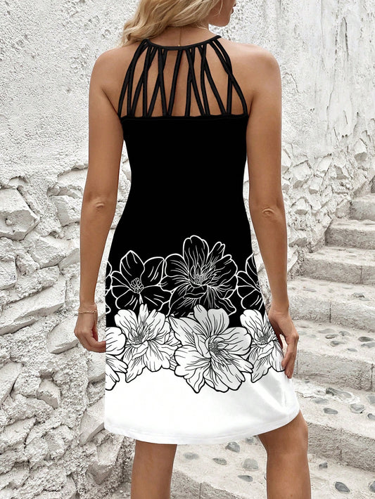 Bold and Beautiful: Black and White Printed Sleeveless Summer Dress with Netted and Spliced Design