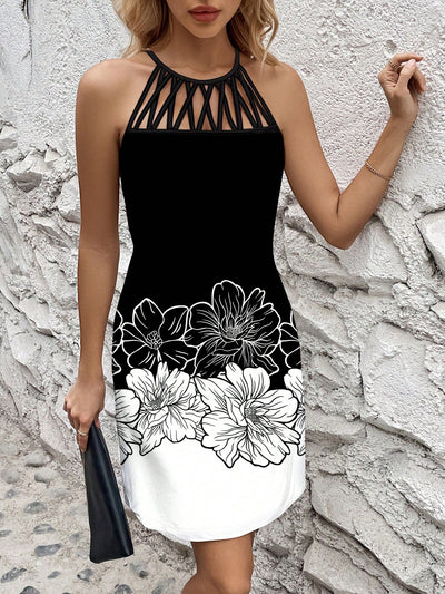 Bold and Beautiful: Black and White Printed Sleeveless Summer Dress with Netted and Spliced Design