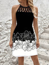 Bold and Beautiful: Black and White Printed Sleeveless Summer Dress with Netted and Spliced Design