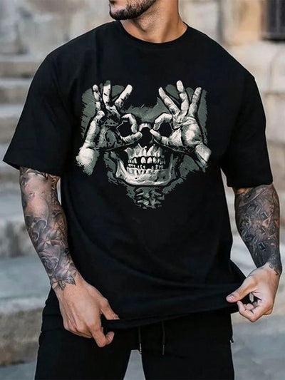 This men's edgy skull print tee is perfect for embracing your dark side. Made with high-quality materials, it features a bold and stylish skull design that adds a rebellious touch to your wardrobe. Show off your unique style and attitude with this standout piece.