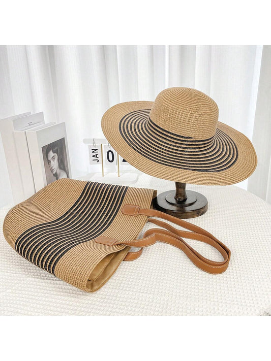 Stay stylish and protected from the sun with our Summer Chic hat and bag combo. Made with a wide brim and woven straw, this khaki set is perfect for a beach vacay. Keep your essentials close in the matching bag. Expertly crafted for a chic and functional look.