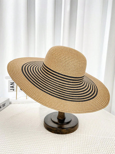 Summer Chic: Women's Khaki Wide Brim Straw Hat and Bag Combo for Beach Vacay