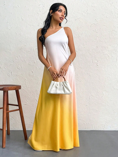 Sunset Serenade: Gradient Backless Single Shoulder Knot Long Dress