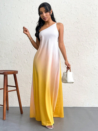 Effortlessly stunning and sophisticated, our Sunset Serenade dress features a gradient design, with a backless and single shoulder knot detail. Elevate your look with this elegant and unique dress, perfect for any special occasion.