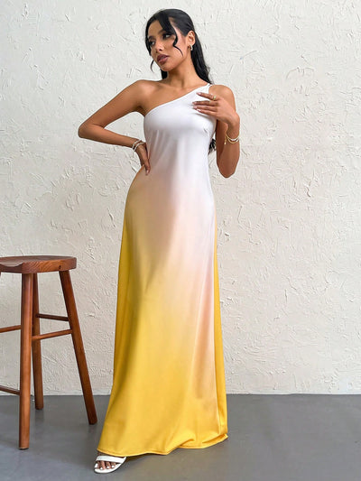 Sunset Serenade: Gradient Backless Single Shoulder Knot Long Dress