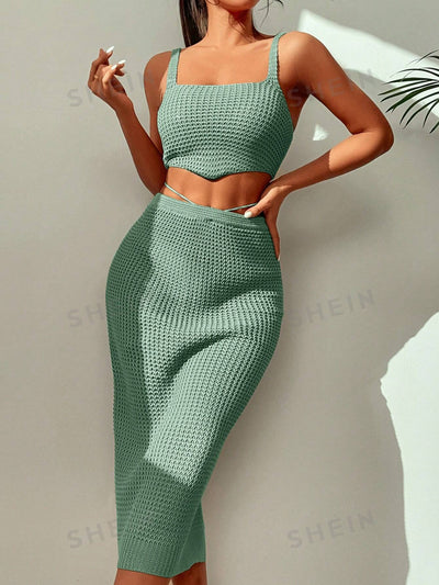 Beach Chic: Knit Cropped Vest and Cover-Up Skirt Set for Summer Fun