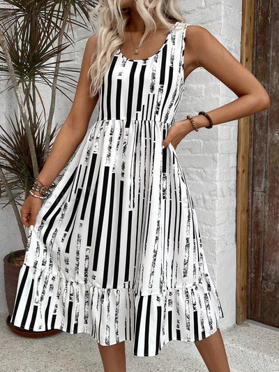 Women's Black and White Striped Sleeveless Casual Dress for Summer