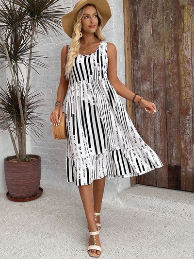 Women's Black and White Striped Sleeveless Casual Dress for Summer