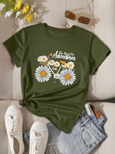 Chic Daisy Flower Letter Printed T-Shirt for Effortless Style