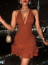 Wild and Free Ruffle Hem Plunging Neck Halter Dress