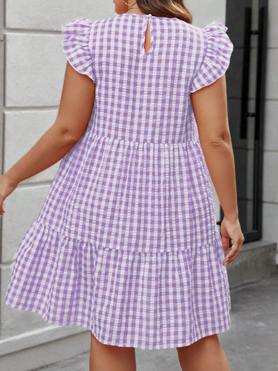 Chic Plus Size Gingham Flare Sleeve Summer Dress with Round Neck