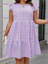 Chic Plus Size Gingham Flare Sleeve Summer Dress with Round Neck