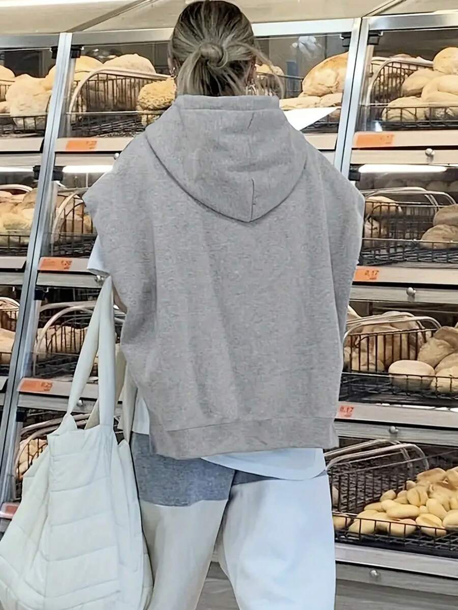 Front view of Chic Solid Color Fleece Hoodie with Side Slit for Women's Spring and Autumn Style - Perfect for Graduation and Back-to-School Fashion for everyday styling