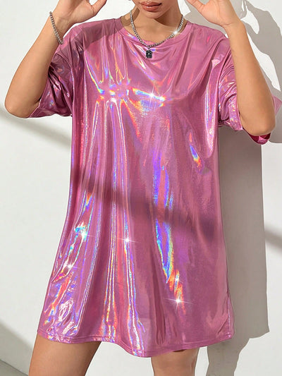 Metallic Bliss: Women's Summer Casual Loose-Fit Short Sleeve Dress