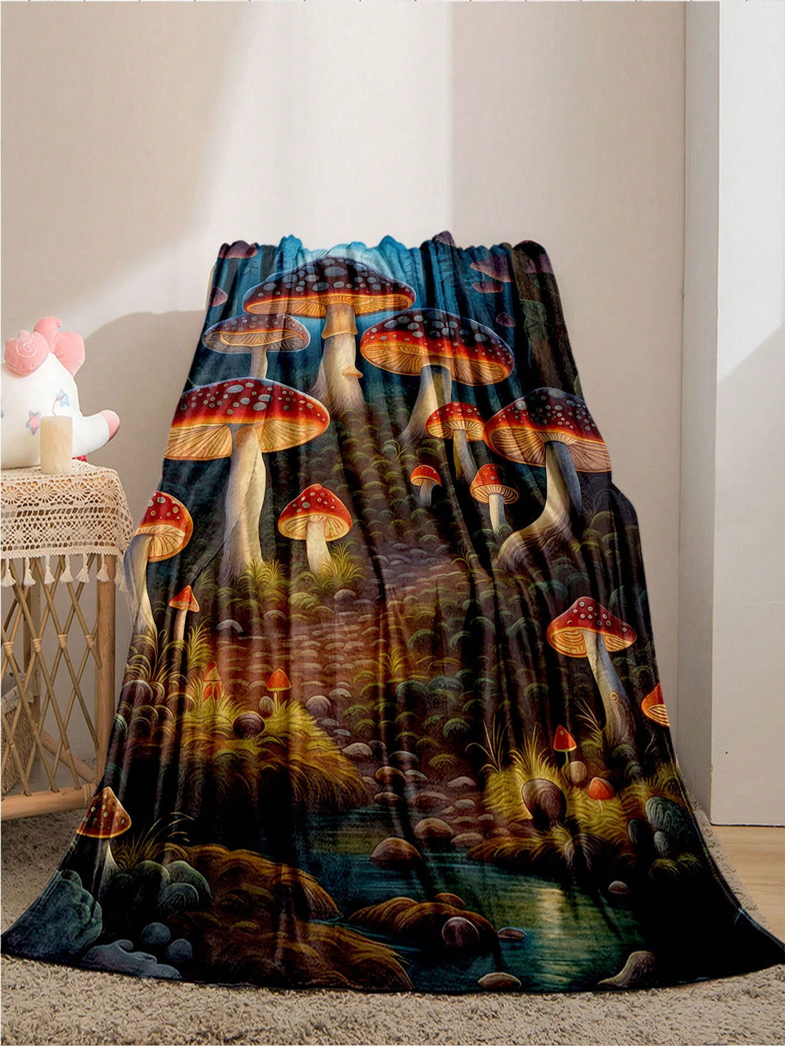 Indulge in the cozy warmth of our Enchanted Forest Glowing Mushroom Personalized Flannel Blanket. This versatile and luxurious blanket is perfect for living rooms, bedrooms, offices, and travels. Its unique design of glowing mushrooms adds a magical touch to any space. Stay warm, stylish, and enchanted wherever you go.