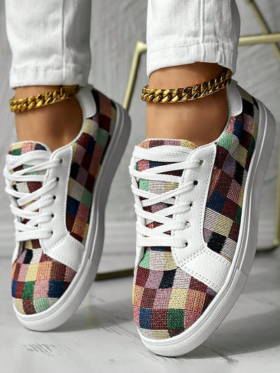 Colorful Plaid Print Lace-Up Sport Shoes: The Perfect Daily Wear Sneakers!