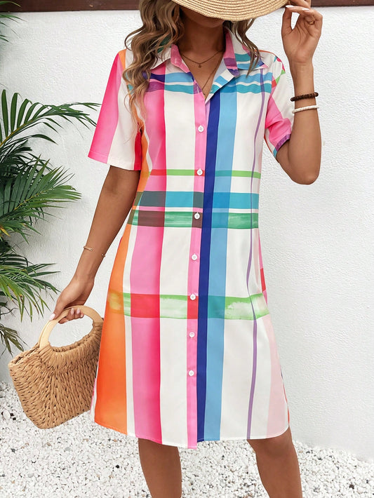 This Summer Vibes: Colorful Plaid Button Front Shirt Dress is the perfect addition to your summer wardrobe. With its vibrant plaid pattern, button-up front, and breathable fabric, it's both stylish and comfortable. Enjoy the sunny days in style with this versatile and trendy dress.