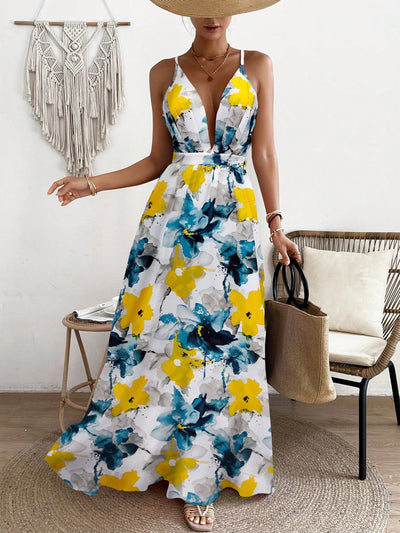 Vibrant Vacation Chic: Flower Printed Spaghetti Straps Backless Dress