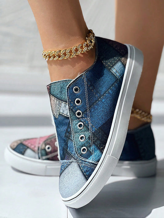 Chic and Comfy: Denim Effect Slip-On Skateboarding Sneakers for Ladies