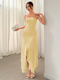Pale yellow strapless ruched mesh maxi dress front view