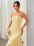 Yellow strapless ruched maxi dress side view