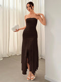Chocolate brown strapless ruched mesh maxi dress front view