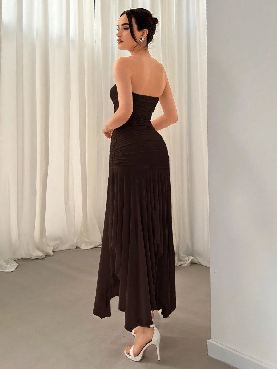 Brown bandeau mesh dress with high low hem