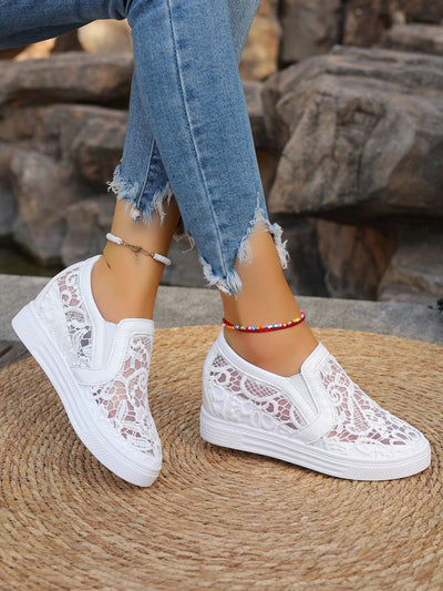 Elegant White Lace Wedge Sneakers: Breathable & Fashion-Forward