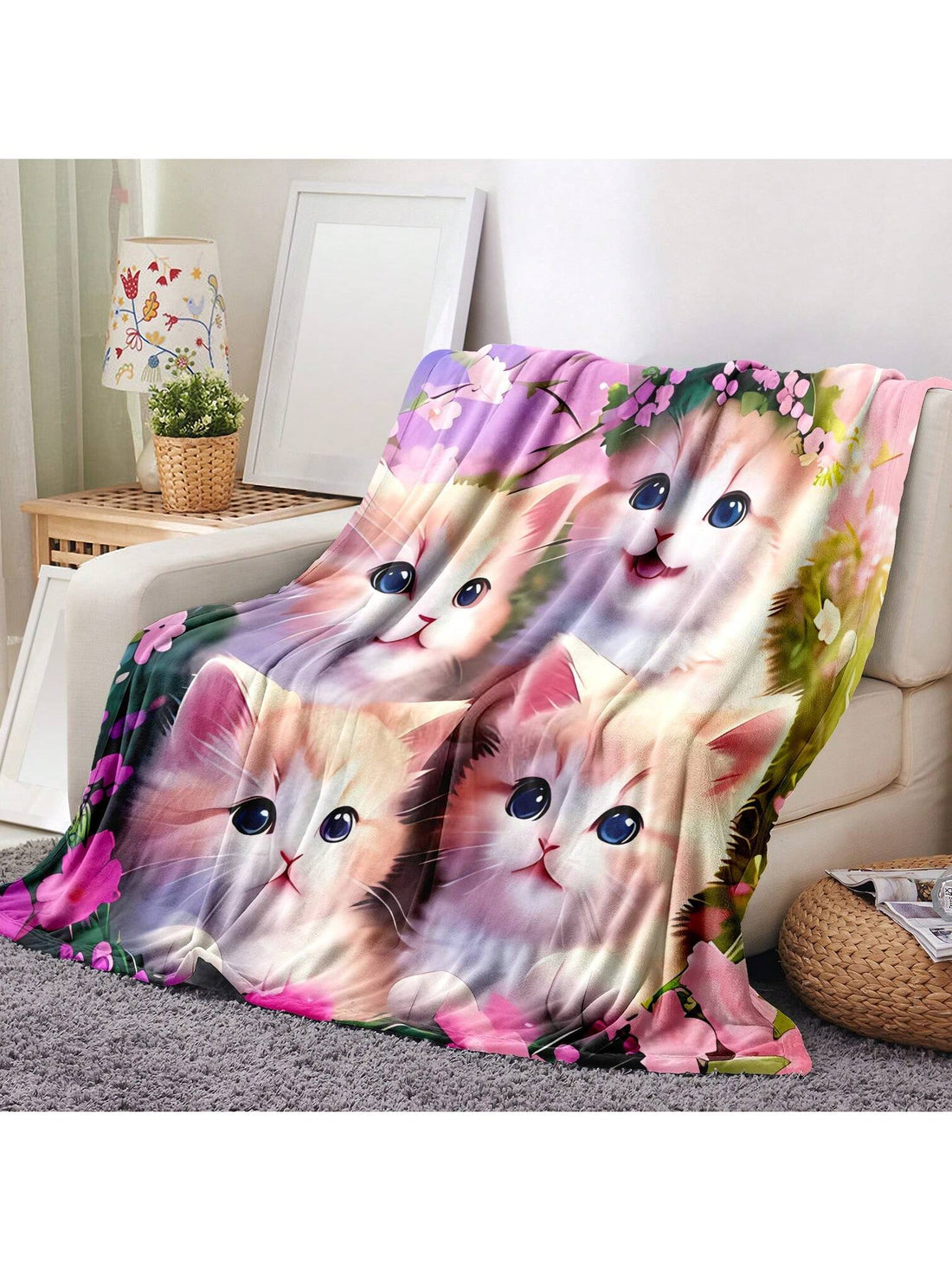 This Cozy Kitten Blue and Pink Blanket is the perfect companion for both home and travel. Made with lightweight fleece, it provides warmth and comfort wherever you go. Its cute and colorful design adds a touch of style to any room. Stay cozy and stylish with this versatile blanket.