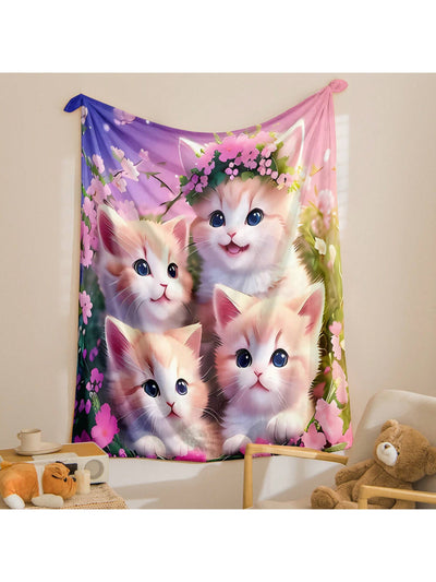 Cozy Kitten Blue and Pink Blanket - Lightweight Fleece Blanket for Home and Travel