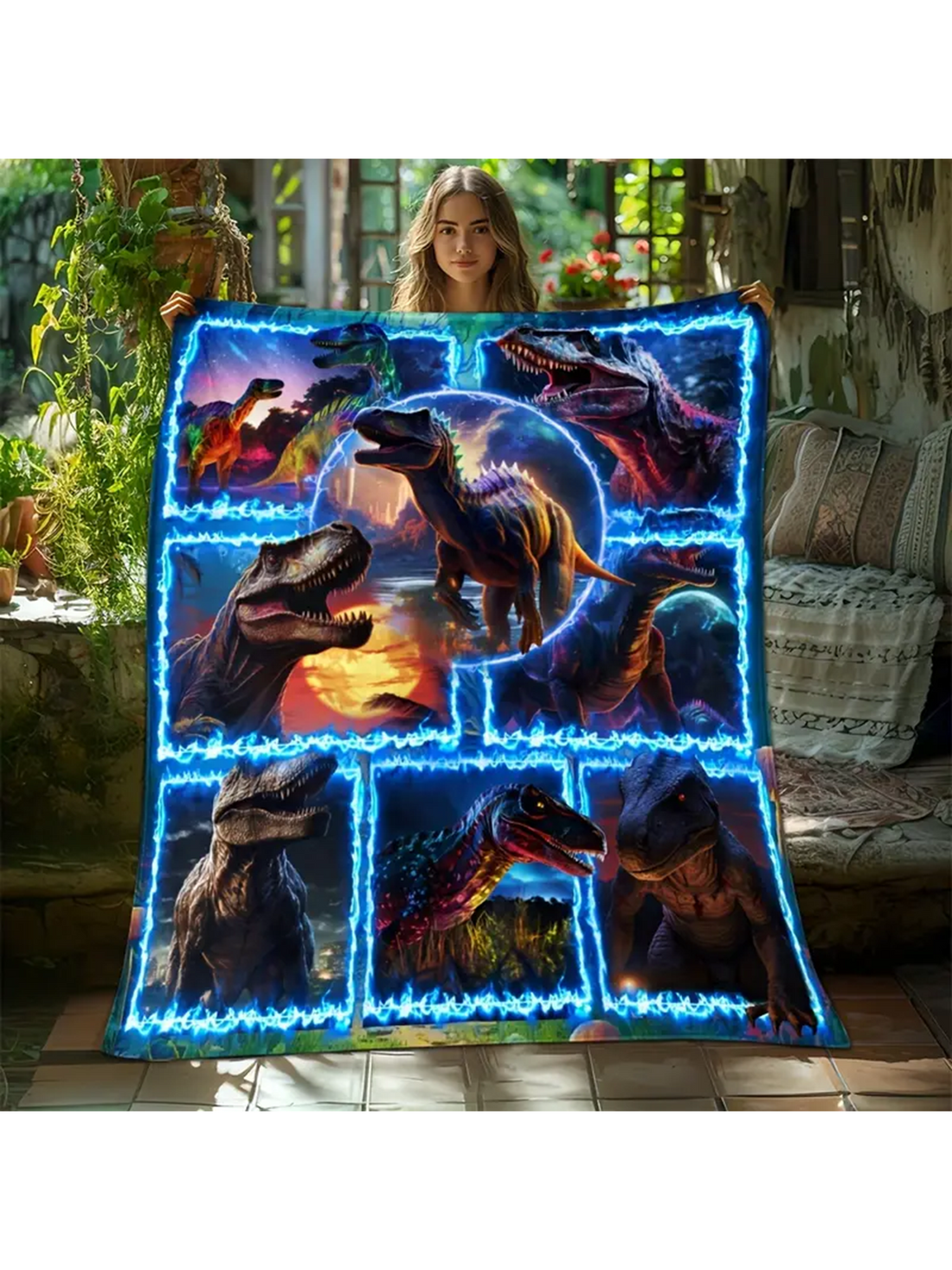 Cozy up in comfort and style with our Cozy Dinosaur Blue Flame Splice Print Blanket. Made with soft and cozy material, this blanket is perfect for staying warm on chilly nights. Its unique print adds a touch of personality to any room. Your essential companion for ultimate comfort and style.