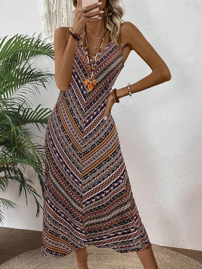 Bohemian Bliss: Floral Printed V-Neck Spaghetti Strap Maxi Dress for Effortless Vacation Style