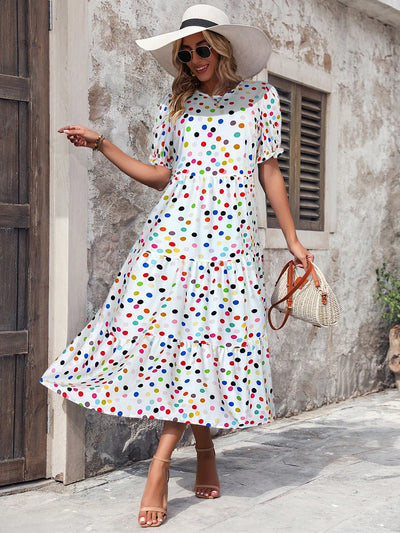 Chic and Colorful:  Geometric Print Bubble Sleeve Dress