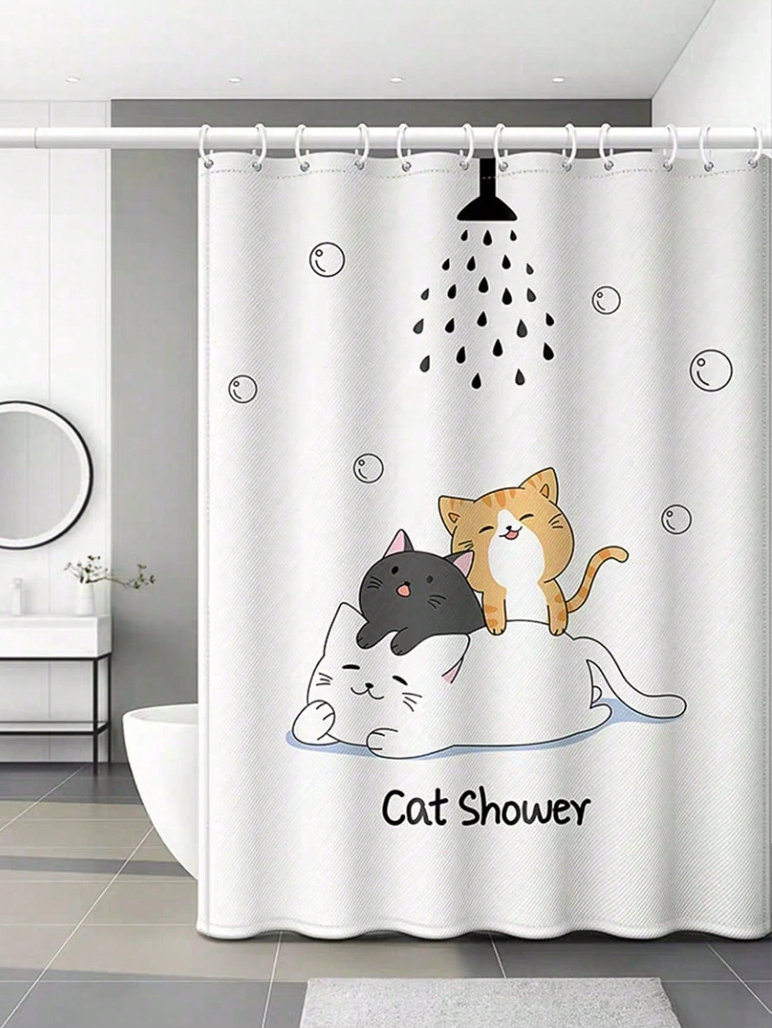 Upgrade your bathroom with our Whimsical Cat Shower Curtain! Crafted with waterproof and mildew resistant material, this curtain will keep your bathroom looking fresh and fun. The charming floral design adds a touch of whimsy to any space. Elevate your bath experience with this playful and practical curtain.