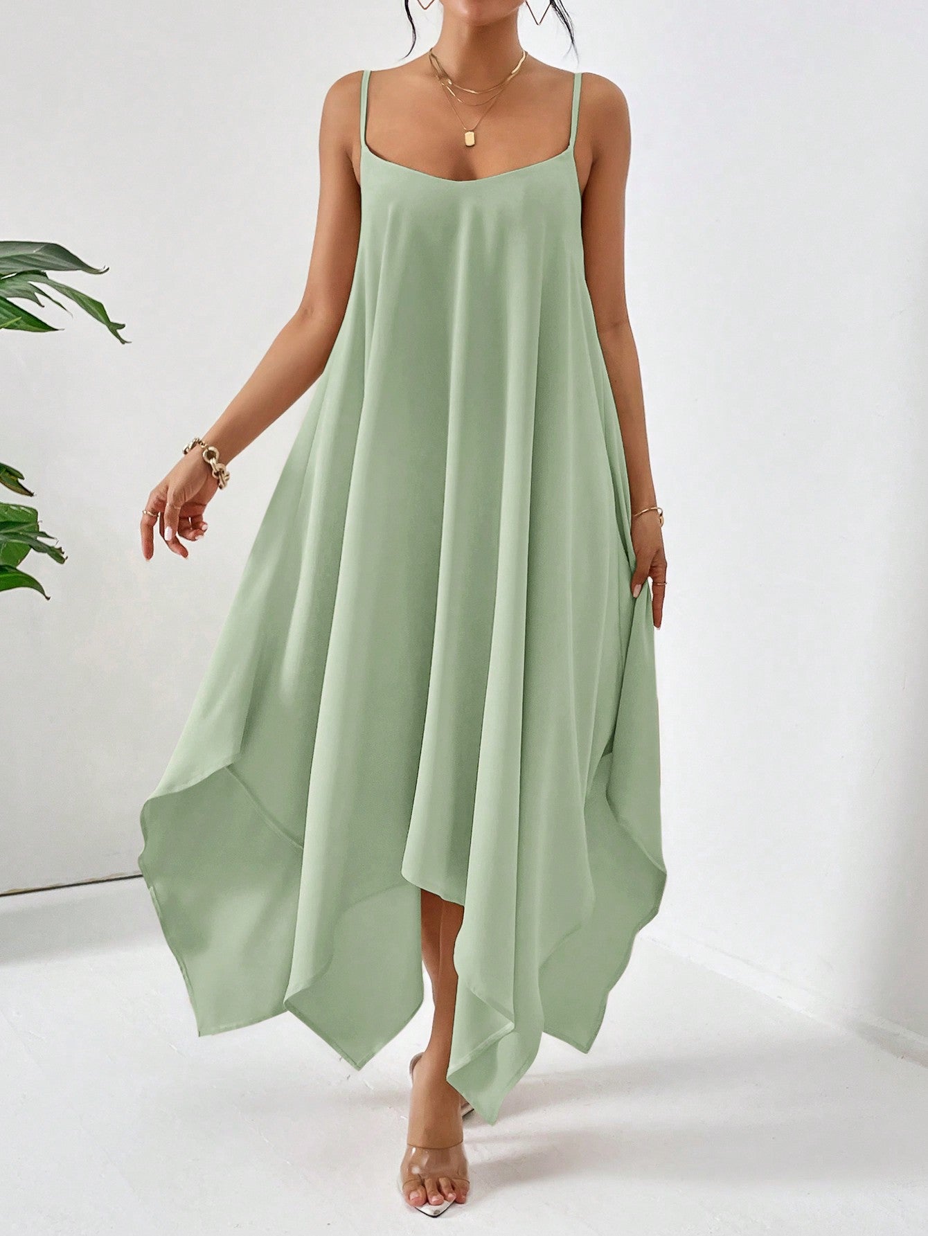 Mint Green Essence: Simple Solid Color Casual Loose Summer Dress With Asymmetric Hemline Mint Green Essence: Simple Solid Color Casual Loose Summer Dress With Asymmetric Hemline