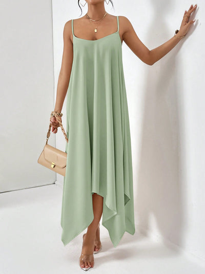 Mint Green Essence: Simple Solid Color Casual Loose Summer Dress With Asymmetric Hemline