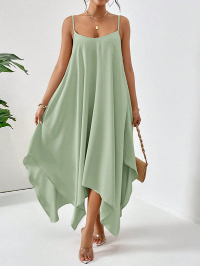 Mint Green Essence: Simple Solid Color Casual Loose Summer Dress With Asymmetric Hemline