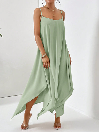 Mint Green Essence: Simple Solid Color Casual Loose Summer Dress With Asymmetric Hemline