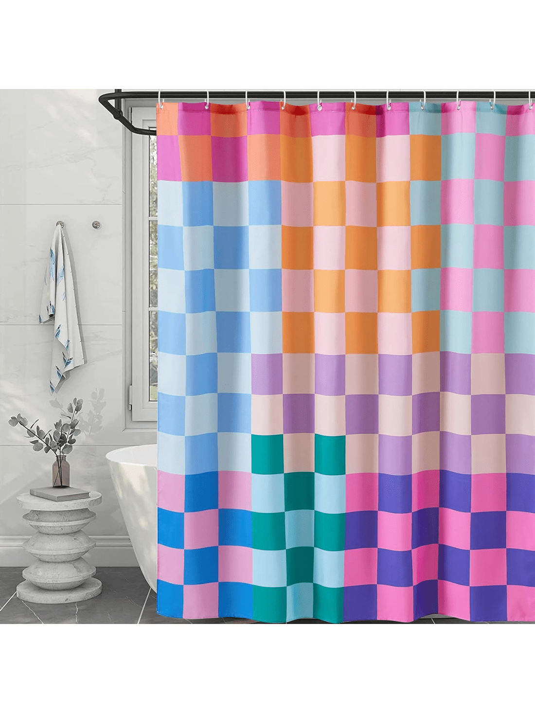 Transform your bathroom into a modern, minimalist oasis with our Rainbow Plaid Polyester Shower Curtain Set. Made with high-quality polyester, this stylish set adds a pop of color and fashion to your bathroom decor. Enjoy the durability and easy maintenance of this must-have addition to your home.